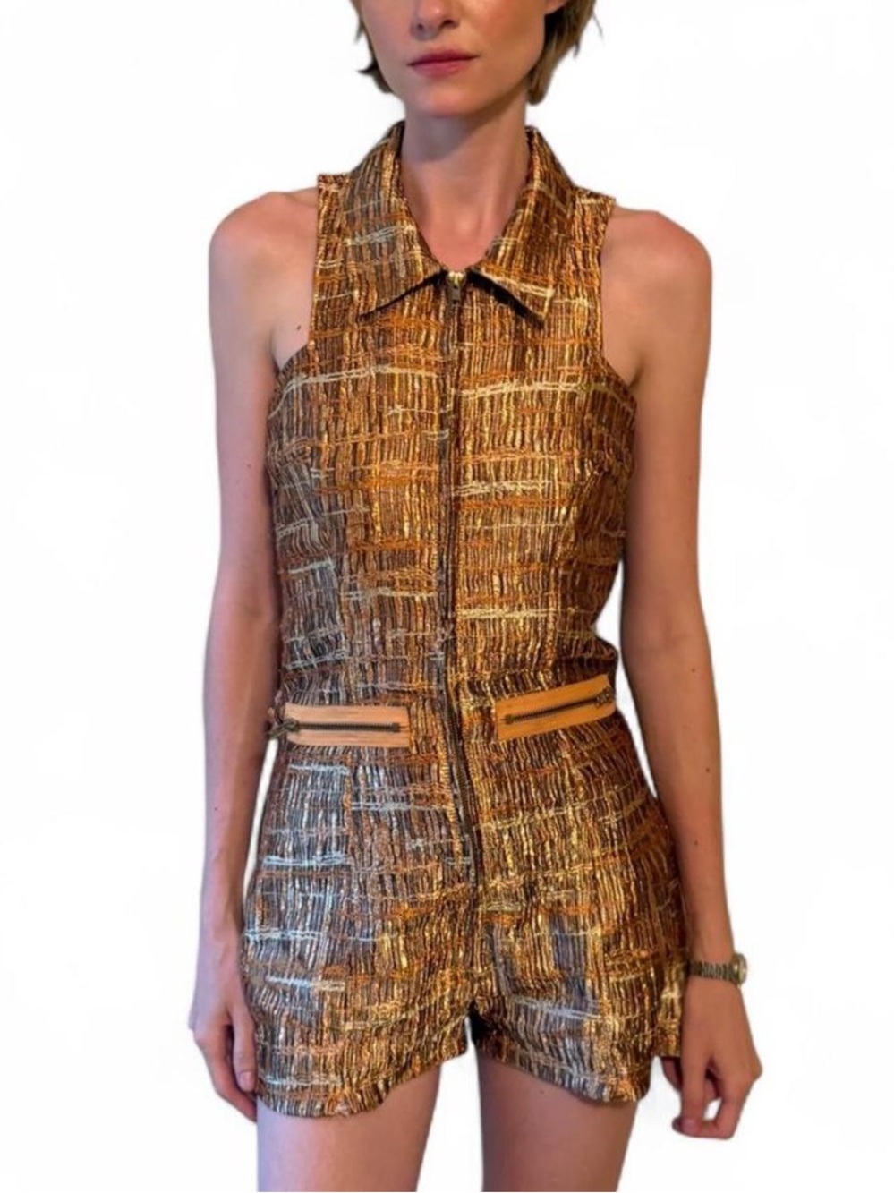Sleeveless Textured gold metallic Romper with Collar